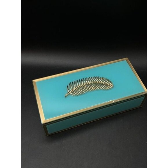 Other - Jewelry Case Teal With Gold Feather Storage Box Black Velvet Lined Box